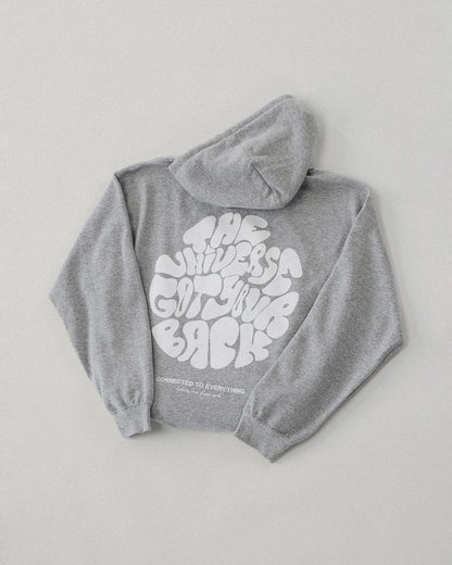 Flach liegender grauer Kapuzenpullover, Rückseite sichtbar. Auf dem Rücken ist ein großer weißer Print mit dem Schriftzug „THE UNIVERSE GOT YOUR BACK“ in organisch geschwungenen Großbuchstaben. Darunter in kleinerer Schrift: „CONNECTED TO EVERYTHING – clothing from planet earth“.
