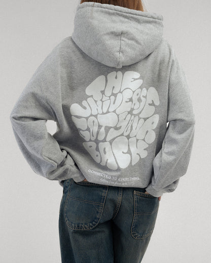 Detailansicht des Rückendrucks auf dem grauen Kapuzenpullover. Der weiße Print „THE UNIVERSE GOT YOUR BACK“ ist vollständig sichtbar, ergänzt durch den Claim „CONNECTED TO EVERYTHING – clothing from planet earth“.
